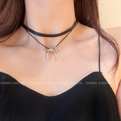 原创新款 choker蝴蝶结黑色皮质双层颈链项圈项链女锁骨链chocker