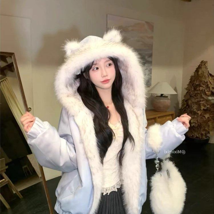 甜美可爱连帽外套女冬季新款毛毛拼接设计感双面两穿加厚保暖棉服