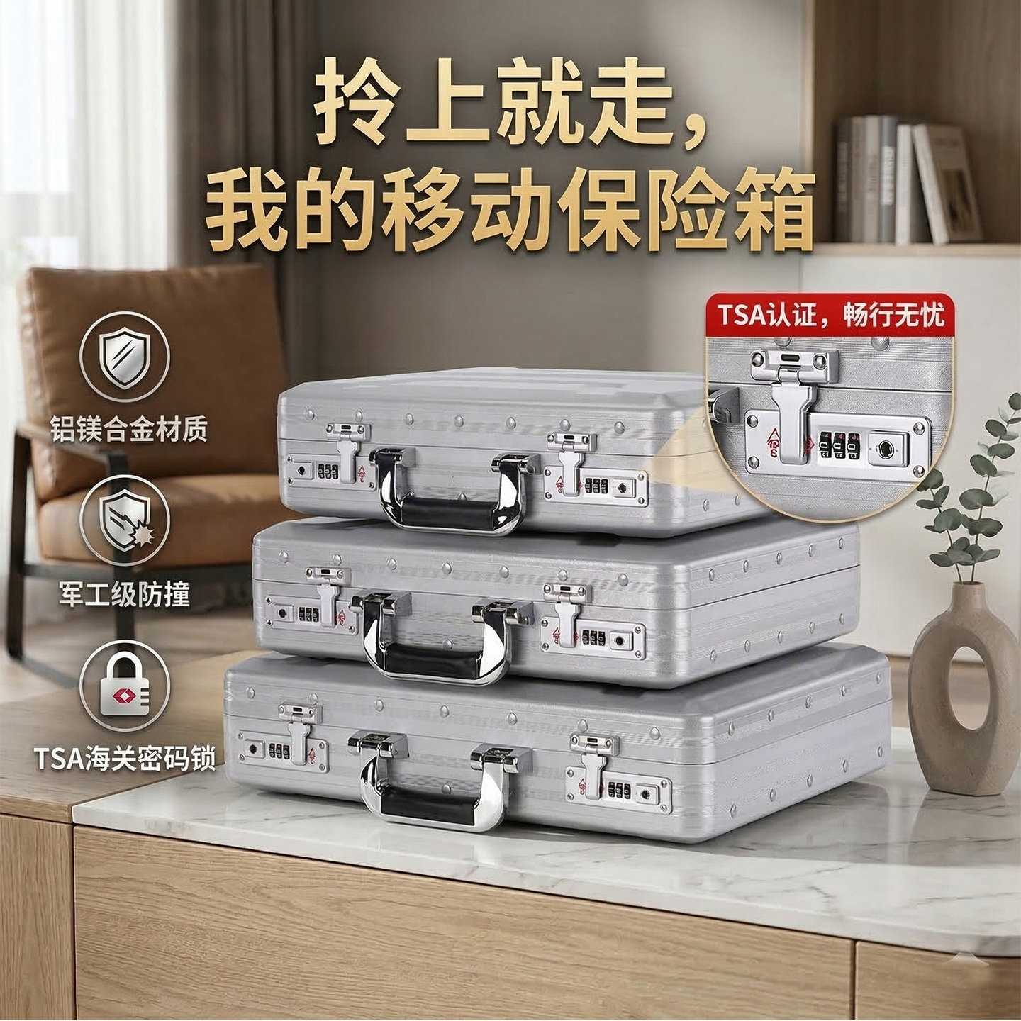 全铝镁合金密码保险箱家用小型手提存钱保险盒子宿舍防盗保管箱