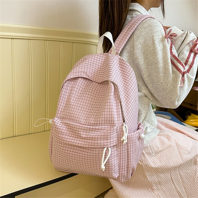 夏季小清新双肩包女孩时尚简约格子背包大容量校园初高中学生书包