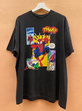 Spider-Man蜘蛛侠美式复古卡通动漫印花短袖VTG高街潮牌纯棉T恤男