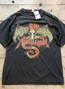 致敬METALLICA乐队痞帅印花短袖古着OS风宽松重磅棉潮牌T恤男女