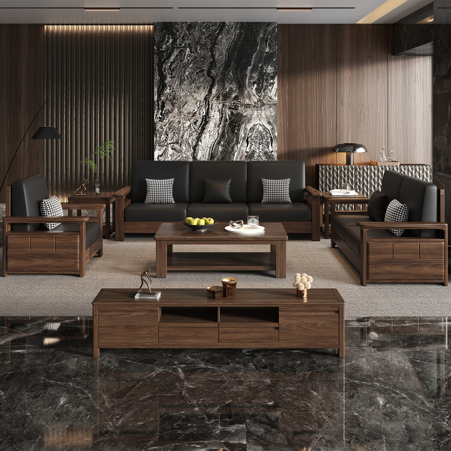 新中式黑胡桃实木沙发组合2025新款现代简约冬夏两用宋氏美学家具