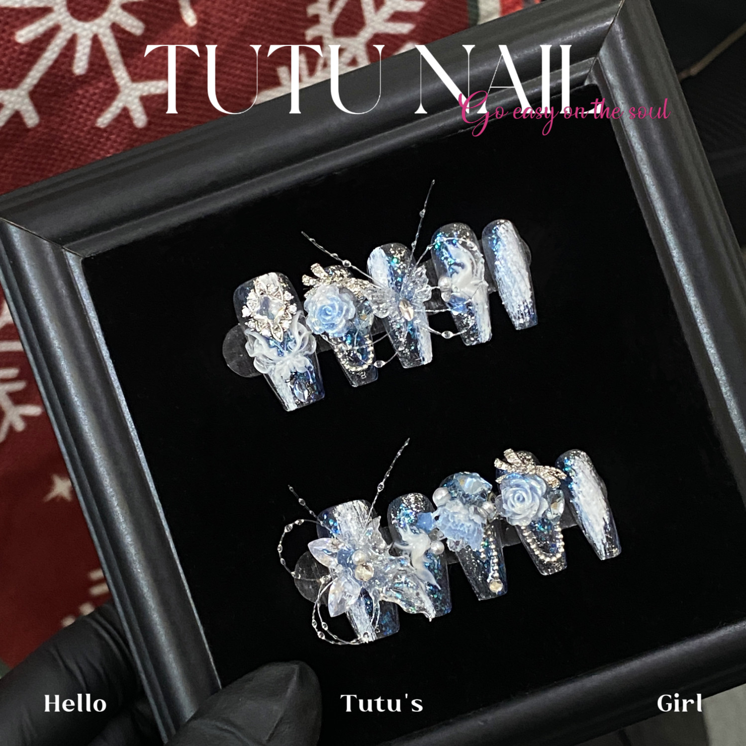 【陆沉】TUTU NAIL手工穿戴美甲重工蓝雕花鱼线蝴蝶短高级温柔