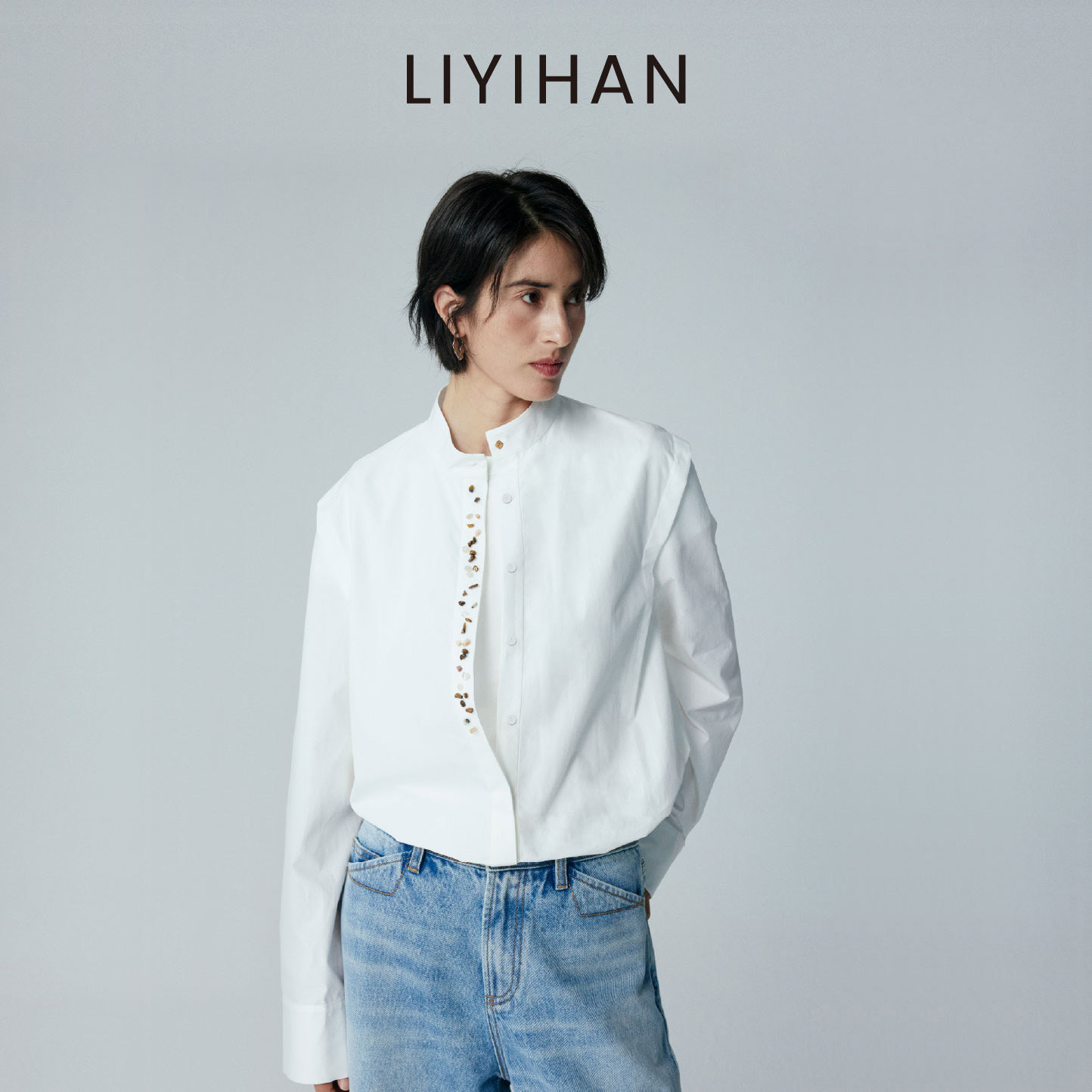 LIYIHAN 2026夏季新款女纯棉立领钉珠衬衫白色衬衣设计感小众上衣