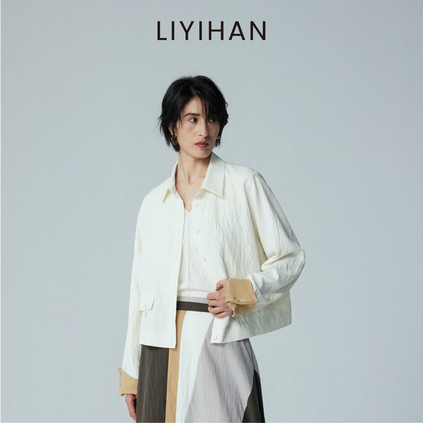 LIYIHAN 2026夏季新款女桑蚕丝干丝翻领短外套米白设计感短款夹克