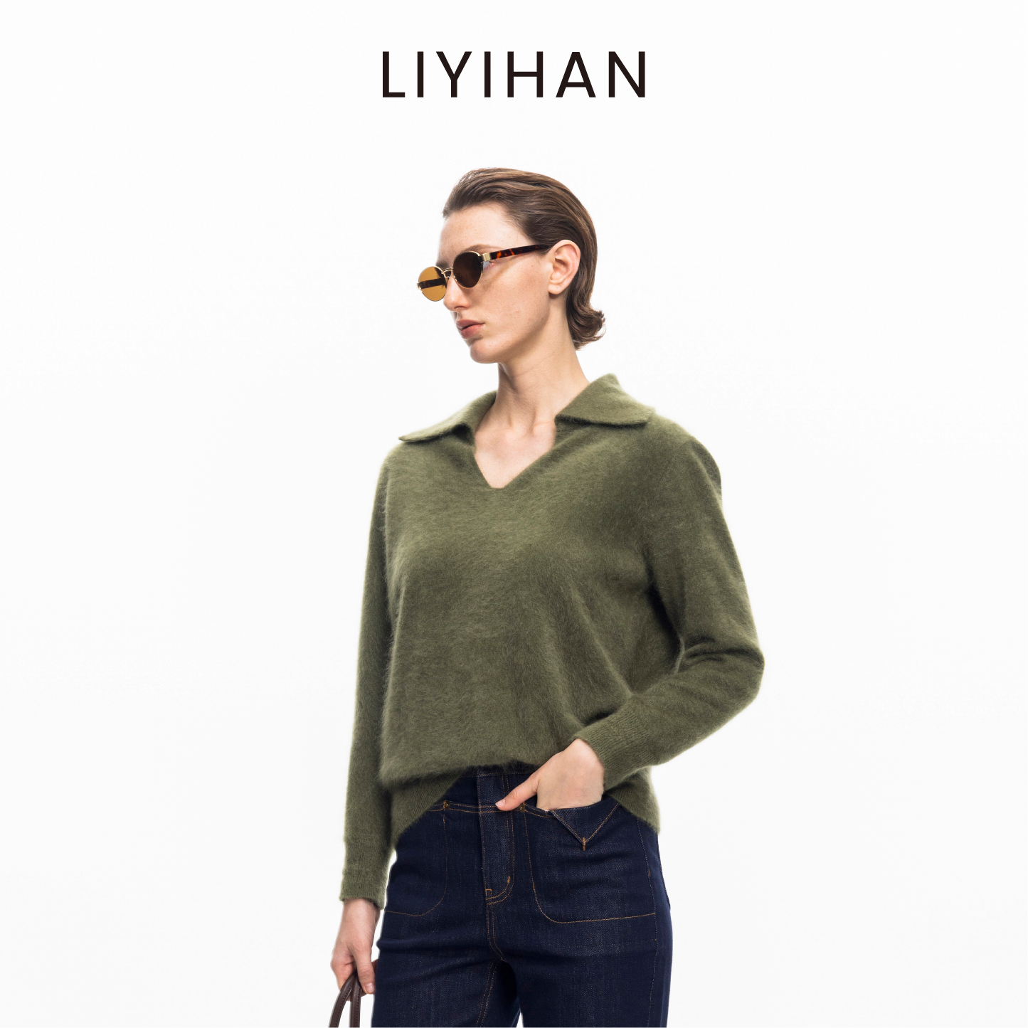 山羊绒V领毛衫女绿色通勤羊绒衫