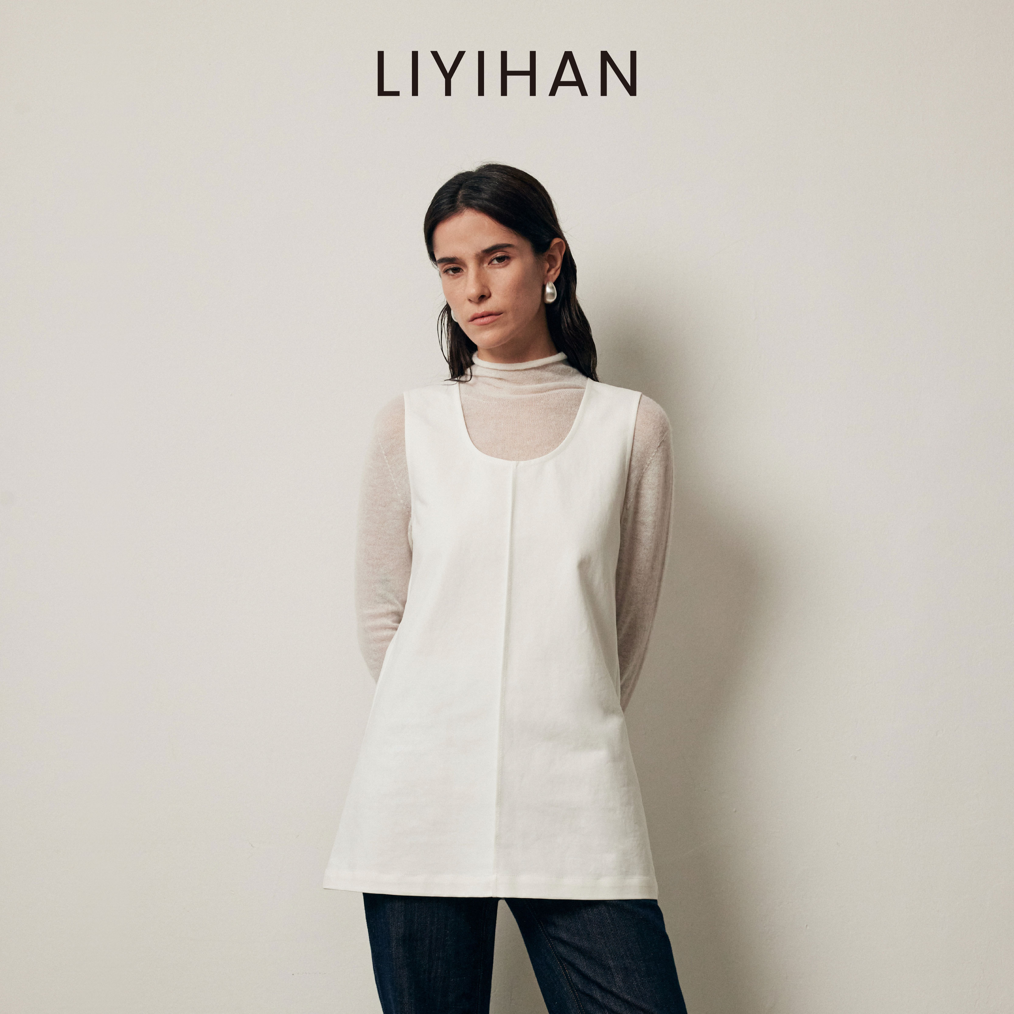 LIYIHAN2026秋新款女全棉U领长款马甲白色设计师品牌背心无袖衬衫