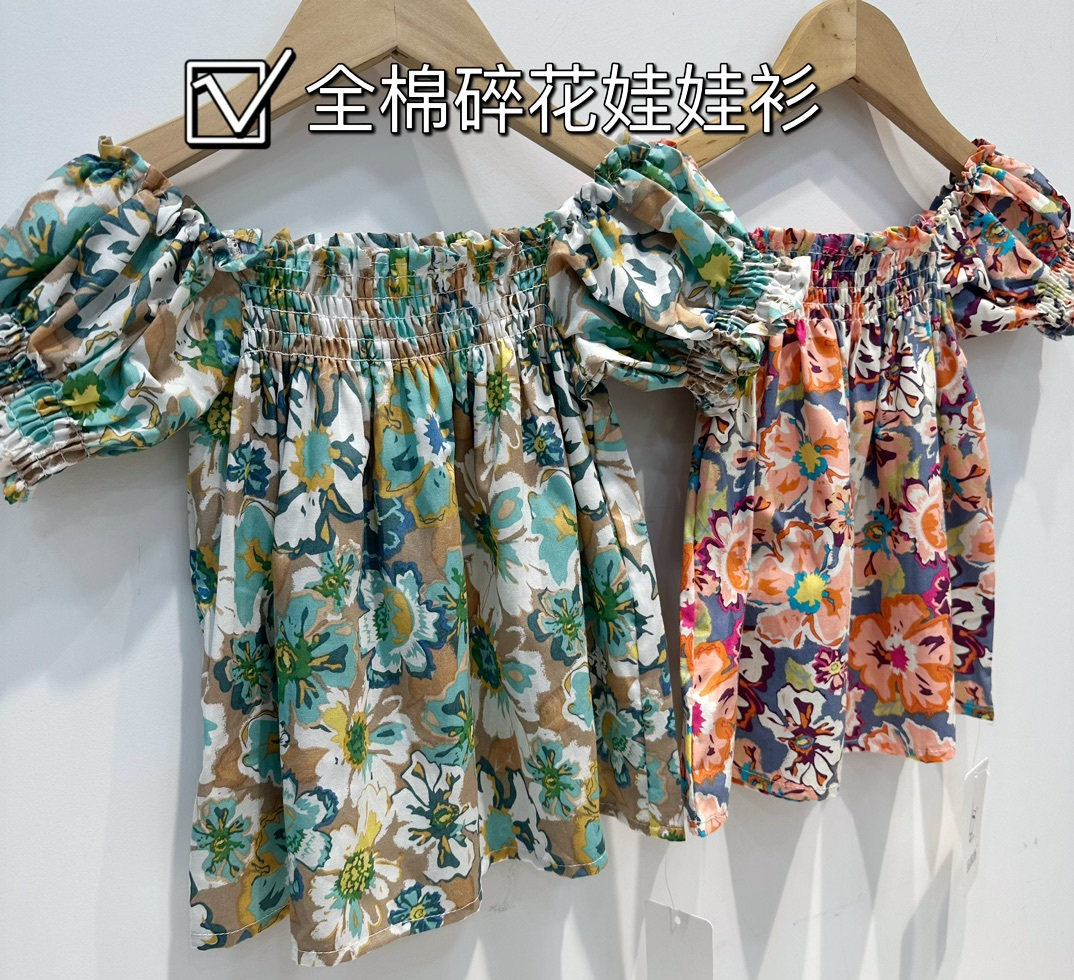 夏款儿童女宝碎花娃娃领可爱花边短袖公主衫一字领松紧全棉娃娃衫