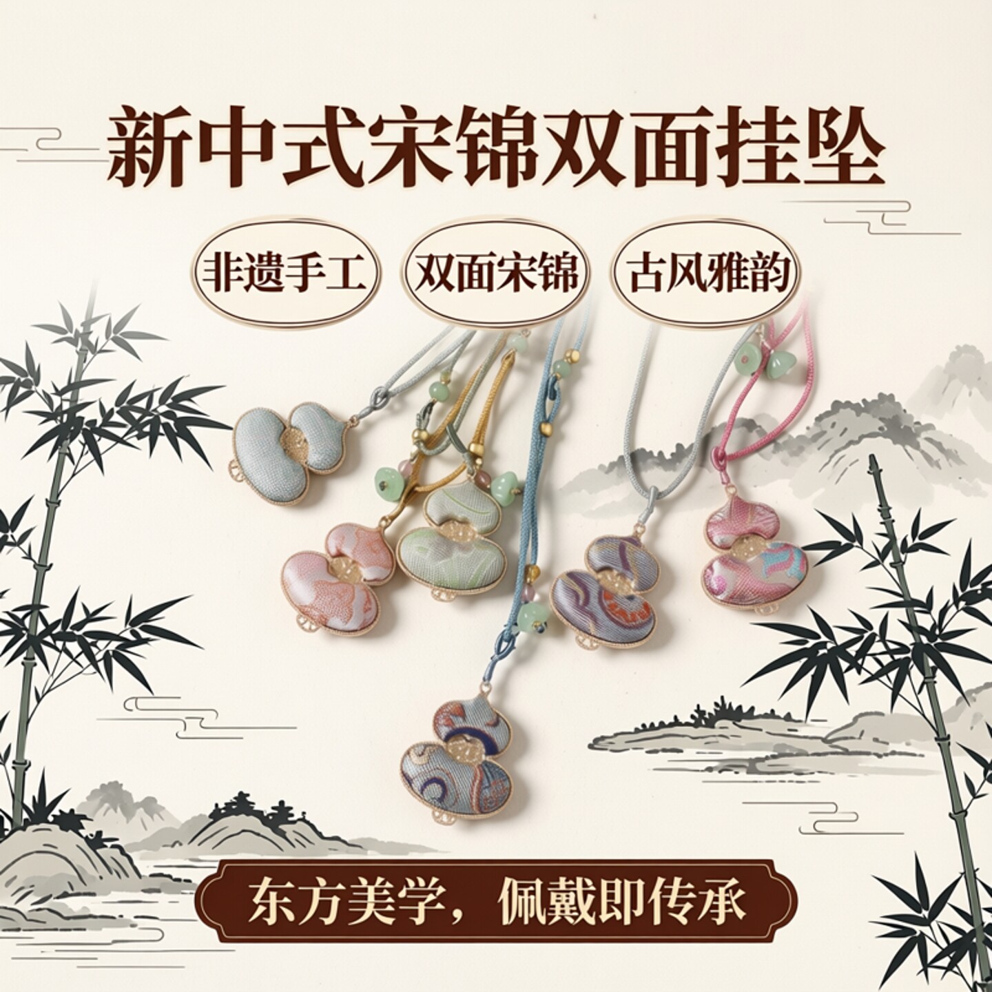 新中式古风 双面宋锦葫芦吊坠项链挂件 手工首饰饰品【包含挂绳】