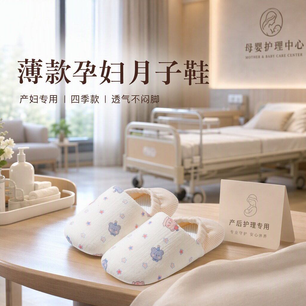 孕妇月子鞋产妇专用四季款包跟薄款软底防滑静音透气不闷脚棉拖鞋