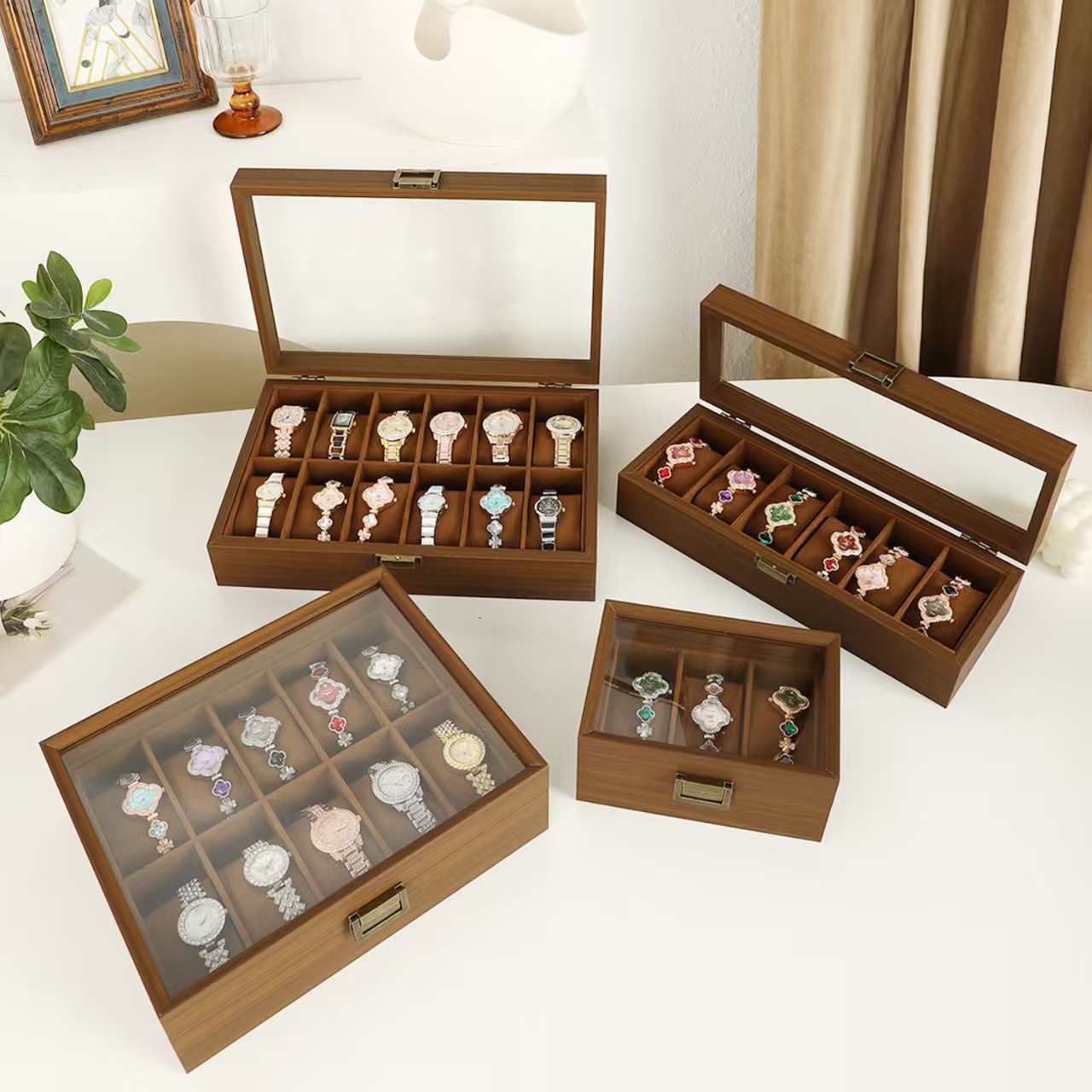 豪华全景天窗手表收纳盒手链手表展示盒胡桃木纹6格手表盒