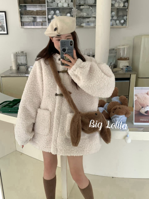 送包包！大萝莉大码皮毛一体羊羔毛可爱外套女秋冬季宽松显瘦胖MM