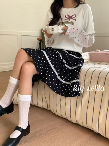 【黑糖牛乳】大码微胖女蕾丝波点雪纺蛋糕裙春季甜美半身裙200斤