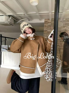 三色机车服!大码微胖mm冬加厚皮毛一体机车服短款毛绒外套胖MM