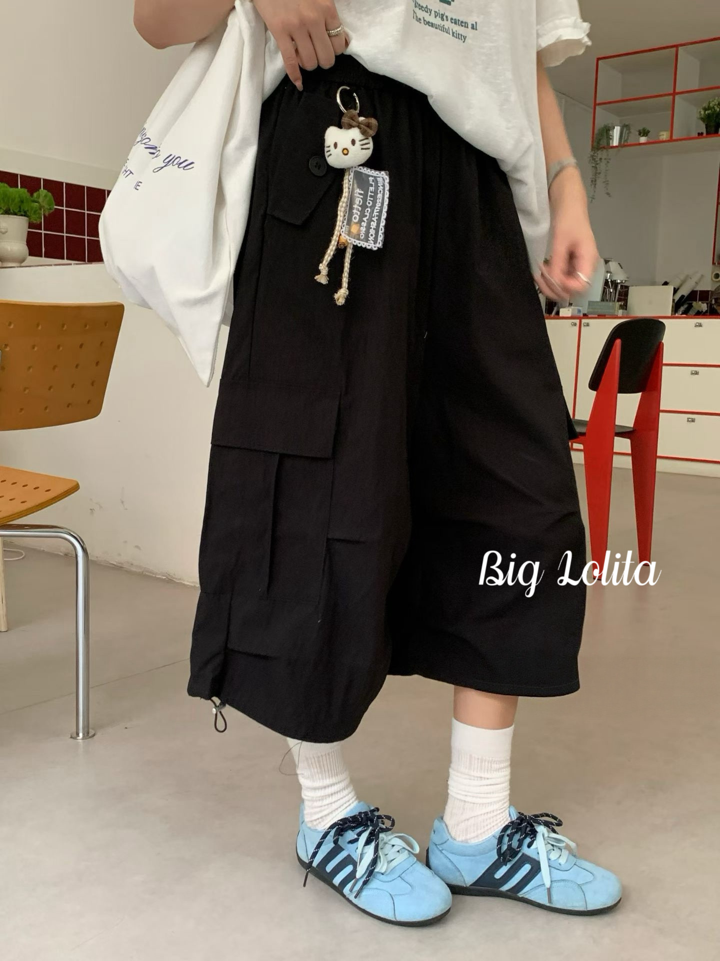 【混搭王】大码美式微胖女黑色工装短裤夏2026新款街头阔腿七分裤