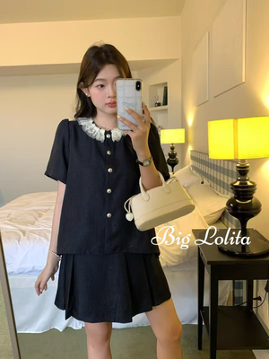 麻纱料！凉爽！法式娃娃领小香风套装裙夏季miu系短袖上衣两件套