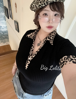 【高智辣妹】大码辣妹风豹纹Polo短袖T恤女夏季胖MM显瘦上衣200斤