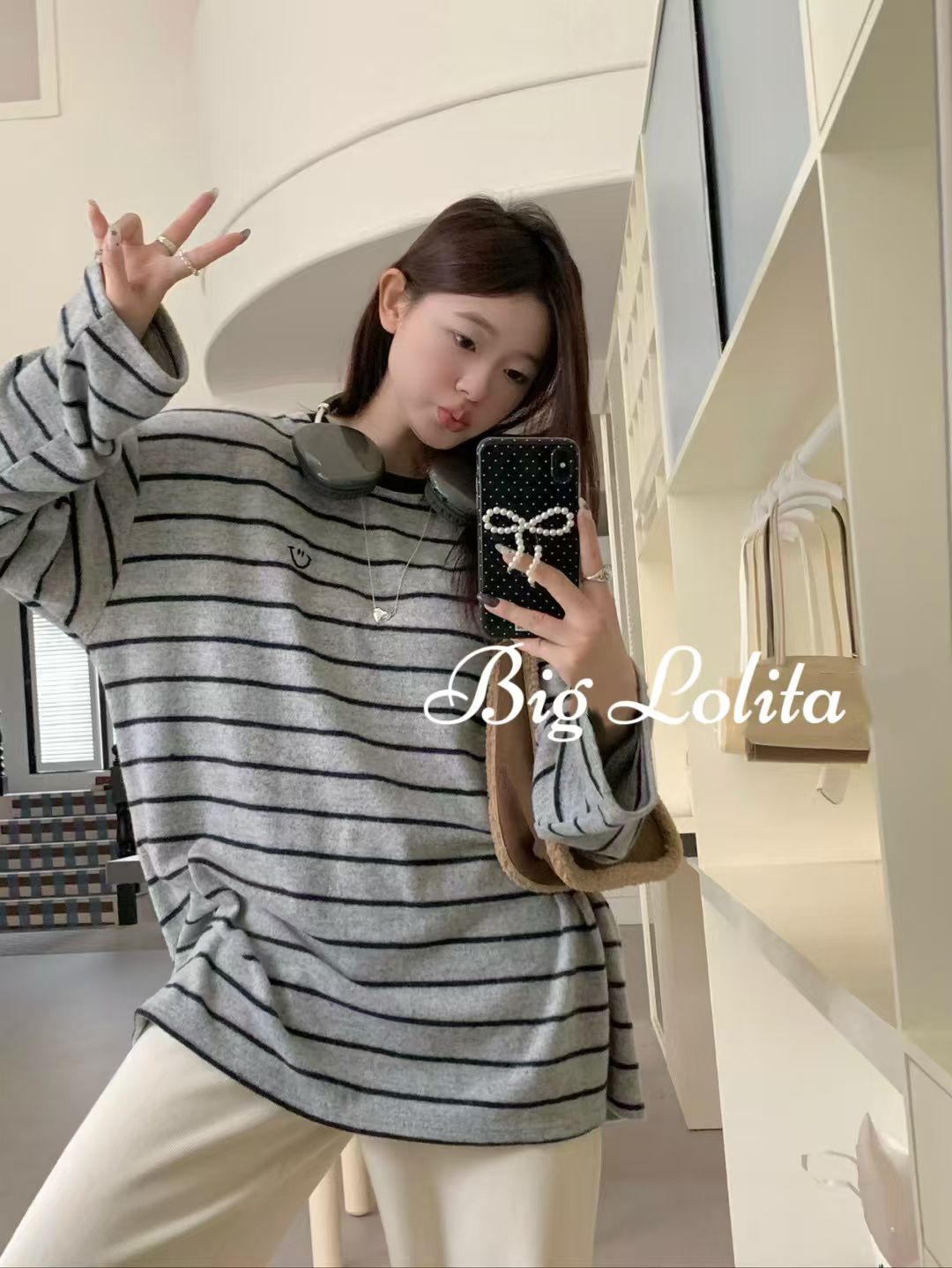 现货发！大码刺绣磨毛长袖条纹T恤2025秋冬微胖宽松显瘦打底上衣