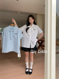 衬衫 俏皮显瘦韩系女木耳边蝴蝶结JK短袖 大码 上衣胖MM 布里屿光