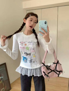 春季 大码 趣味蕾丝蝴蝶结T恤微胖女百搭上衣屁帘200斤 芭蕾小狗