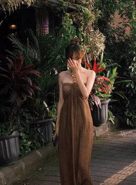 2026春款上新棕色挂脖抹胸长裙女