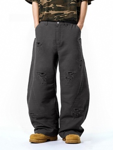 洗水割破弯刀长裤2025春夏新品美式街头baggy镰刀破洞阔腿工装裤