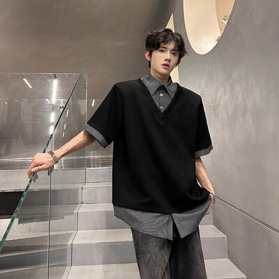 美式重磅假两件衬衫领短袖T恤男