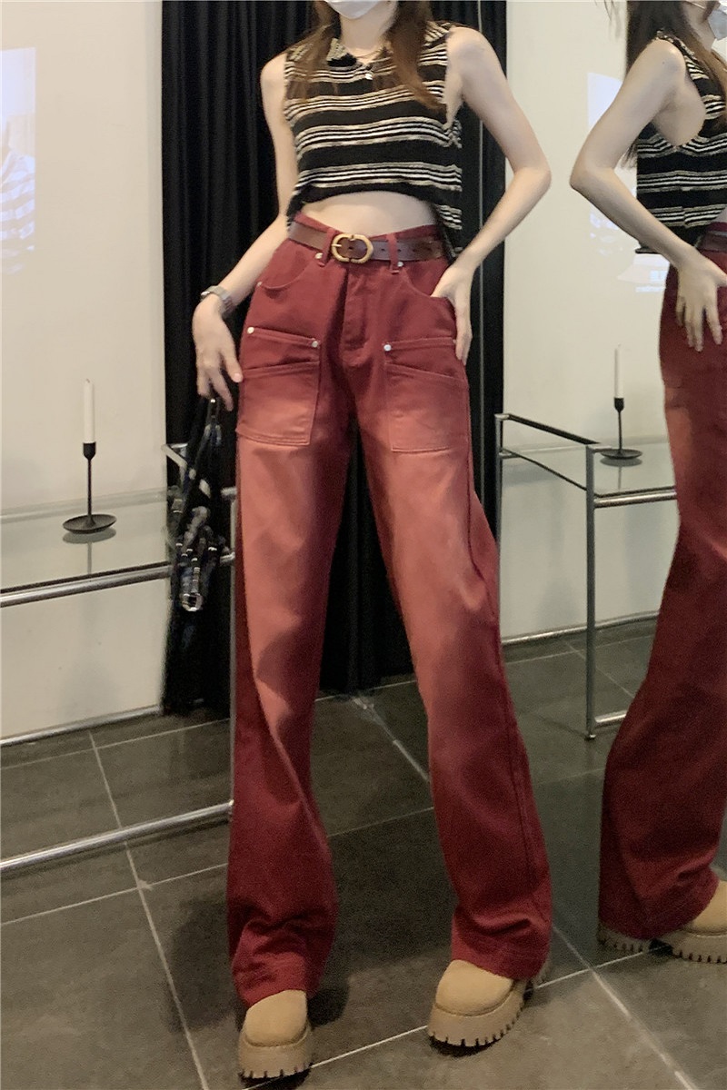高腰复古酒红色拖地牛仔裤女2022新款设计感显瘦直筒裤欧美风长裤