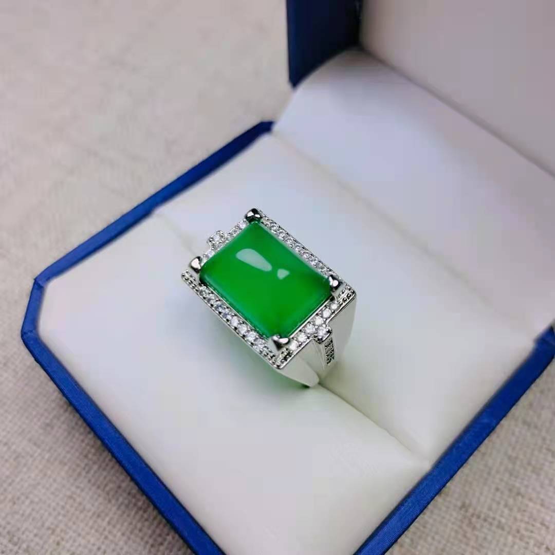 925银镶嵌男款霸气戒指绿玉髓男戒开口可调节 绿宝石指环送男友