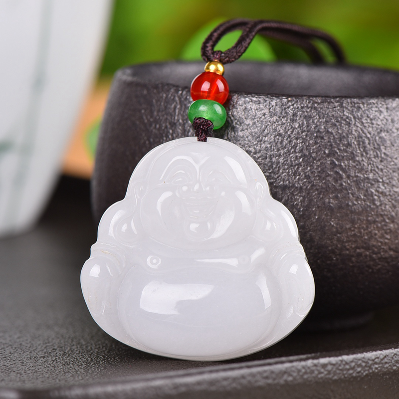 天然正品金丝玉白玉佛吊坠女款大肚佛笑佛弥勒佛玉石项坠玉佩挂件