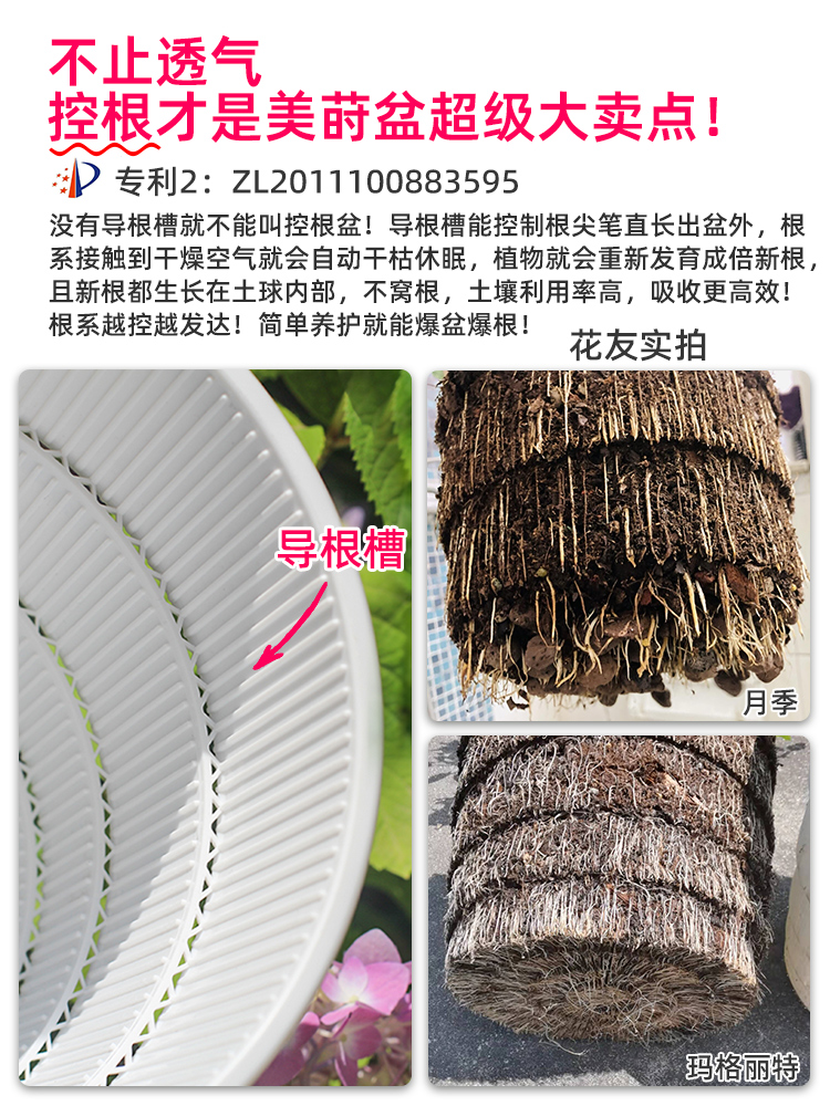 美莳控根盆白色树脂塑料透气超大号深高青山加仑月季绣球专用花盆