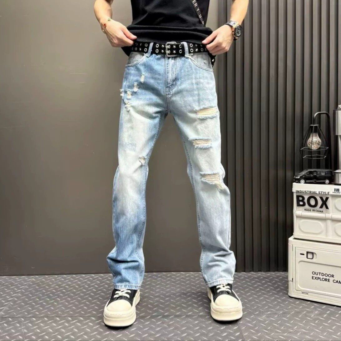 美式复古破洞牛仔裤男夏季薄款浅色直筒宽松高街时尚休闲长裤子
