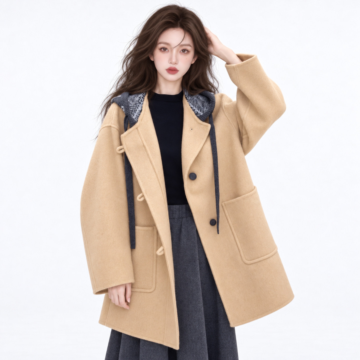 XQM撞色连帽设计双面羊毛大衣女秋冬2026新款中长款减龄毛呢外套