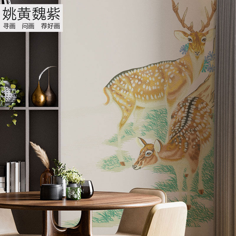 高端刺绣壁布风水玄关双驯鹿墙布