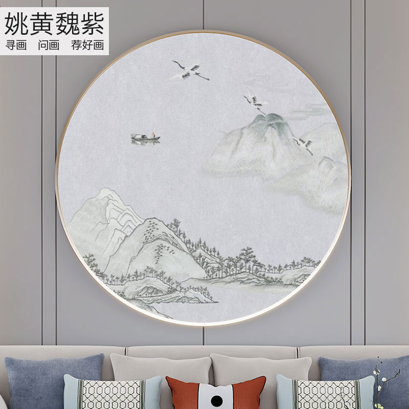 圆形水墨山水玄关刺绣背景墙布画