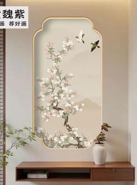 半透纱双面绣画花鸟竖版机绣墙布