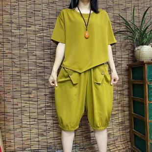 休闲运动套装 五分裤 女夏装 短袖 两件配一整套宽松 时尚 胖mm炸街大码