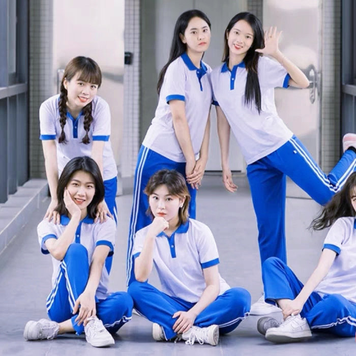 短袖polo衫学院风蓝白拼接男女生