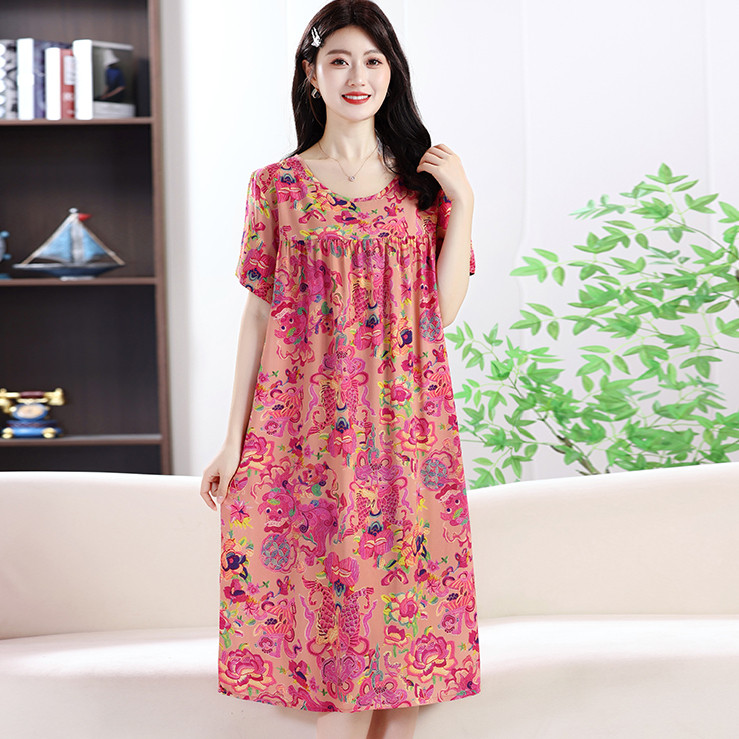 妈妈款棉绸睡衣裙子中老年女装短袖圆领家居服夏装连衣裙睡裙
