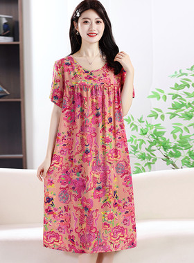 妈妈款棉绸睡衣裙子中老年女装短袖圆领家居服夏装连衣裙睡裙