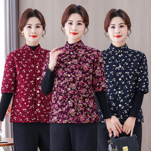 秋冬中老年女装碎花中袖棉衣马甲妈妈装保暖立领加绒半袖外套