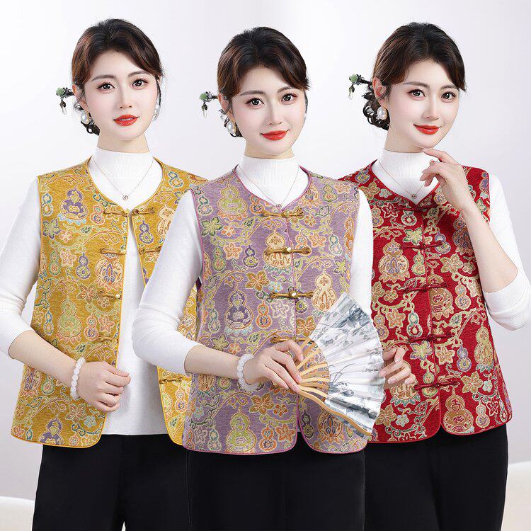 新中式国风马夹女2026年春秋新款立领缎面提花花坎肩马甲无袖外套