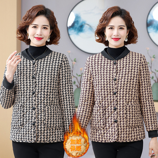 妈妈秋装新款长袖休闲格子加绒外套上衣中老年女装时尚外穿开衫