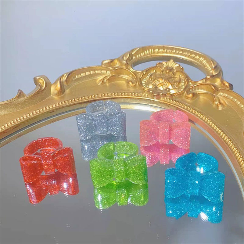 新款树脂蓝色闪粉亮片蝴蝶结戒指手工自制diy爱心透明指环