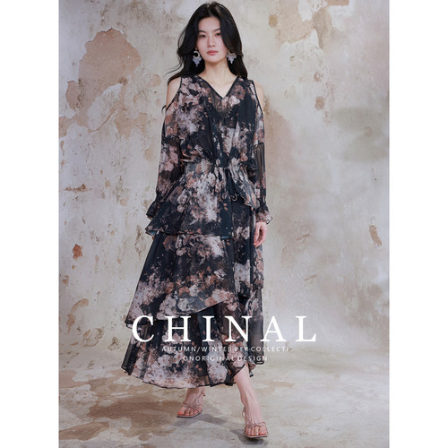 CHINAL夏季新款复古新中式连衣裙子今年流行漂亮两件拖尾印花长裙
