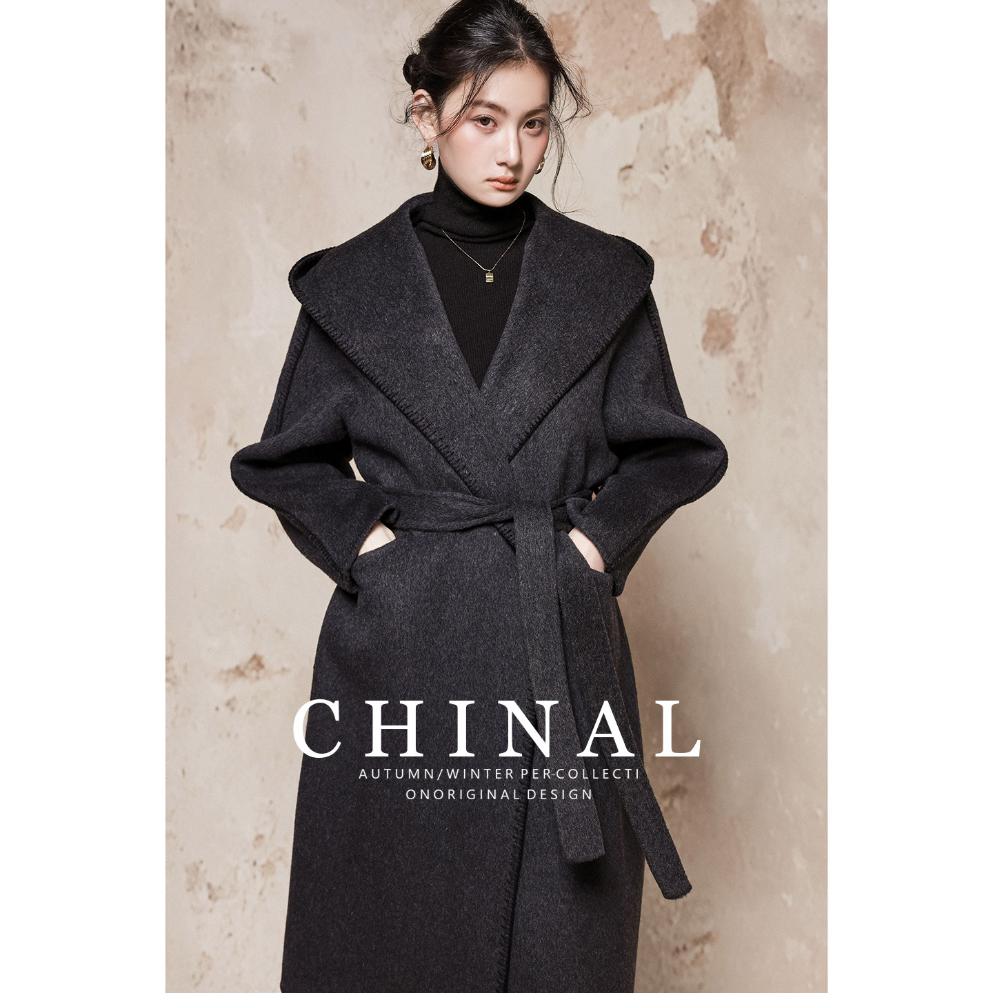 CHINAL冬装新款极简大牌连帽系带中长款羊毛呢外套双面呢羊绒大衣