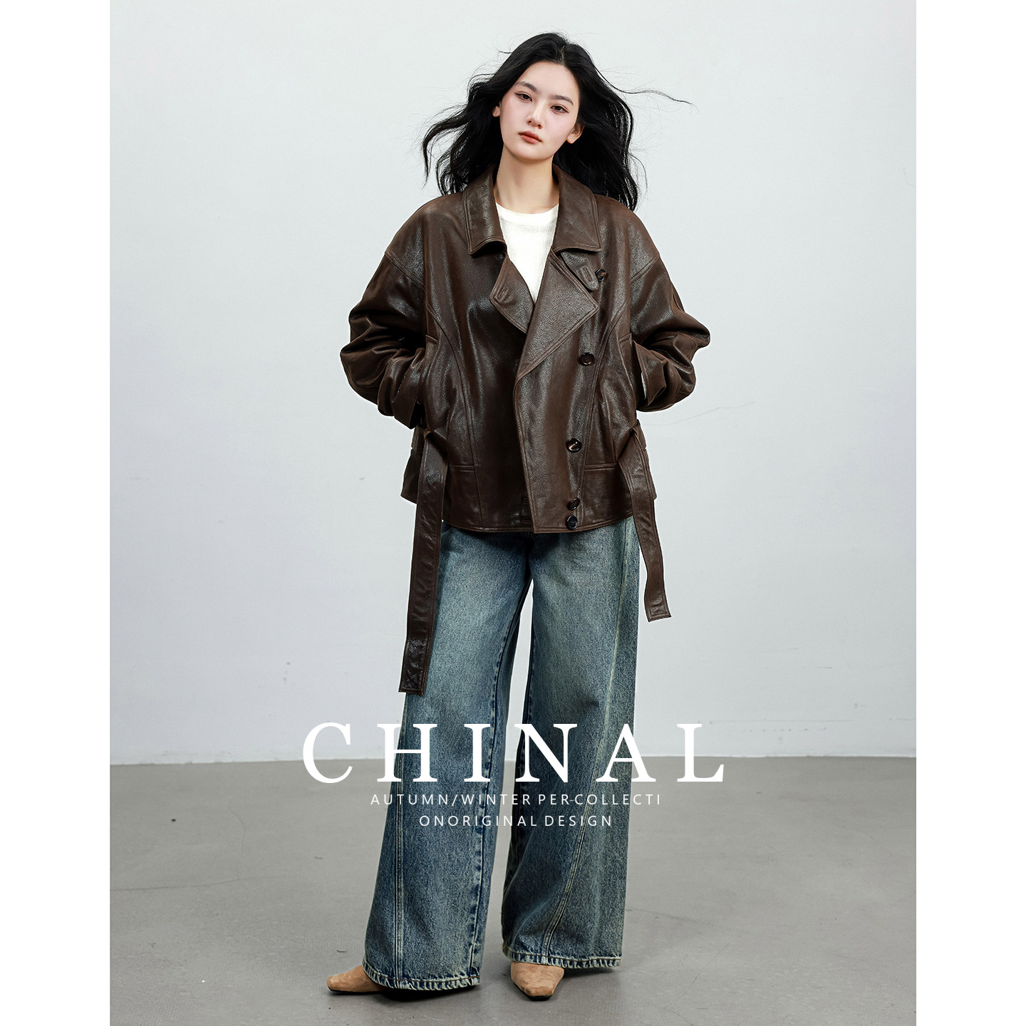CHINAL重磅推荐进口蜡感/绒面羊皮外套女翻驳领短款真皮皮衣夹克