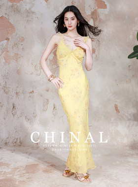 CHINA夏季45度斜裁桑蚕丝印花连衣裙双层V领木耳边吊带真丝长裙子