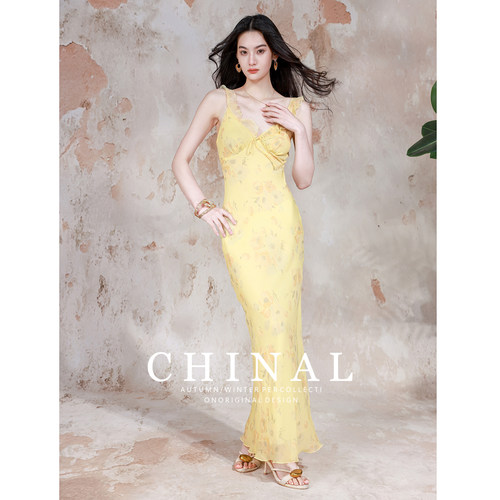 CHINA夏季45度斜裁桑蚕丝印花连衣裙双层V领木耳边吊带真丝长裙子